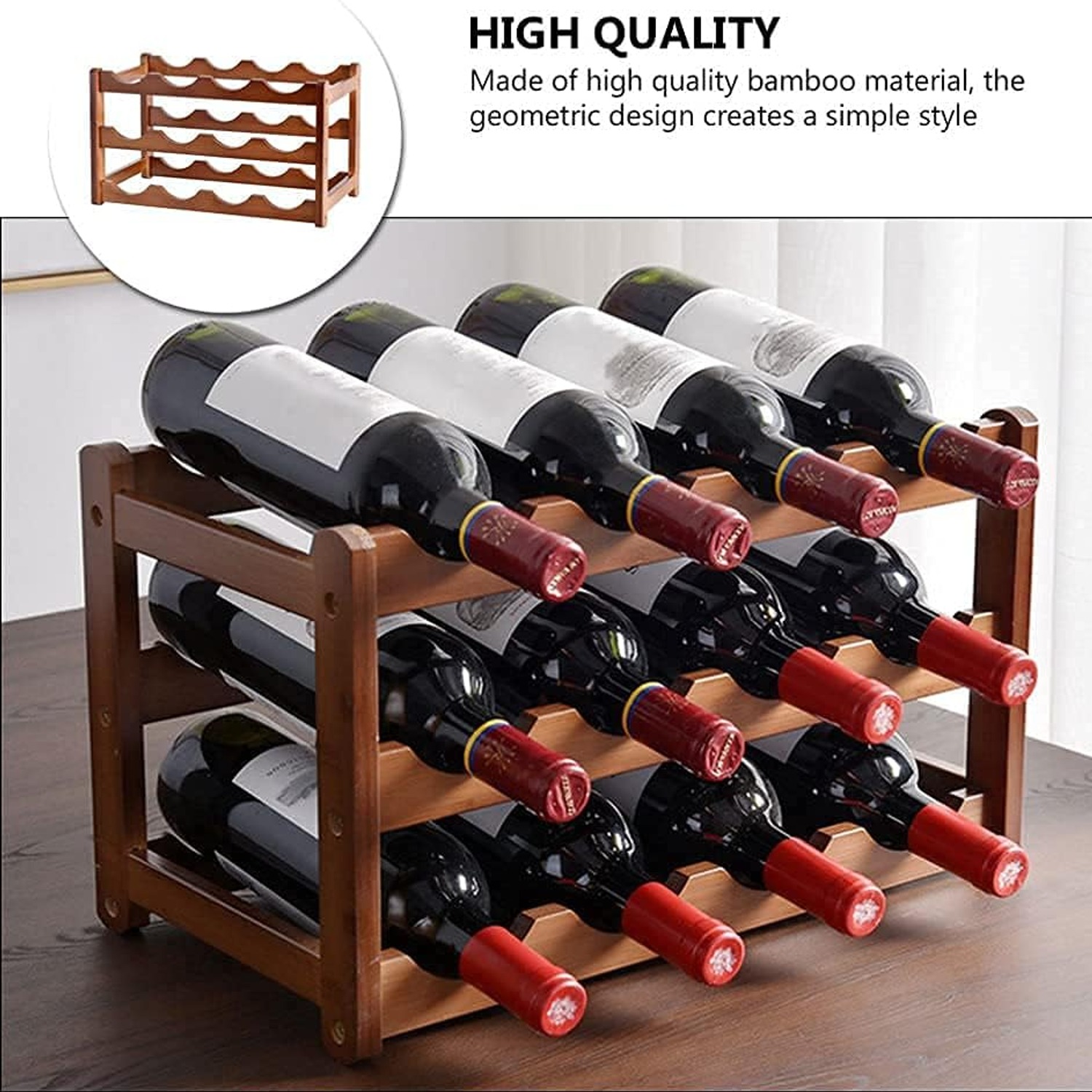 Bamboo 12-Bottle 3-Tier Countertop Wine Rack, detail view